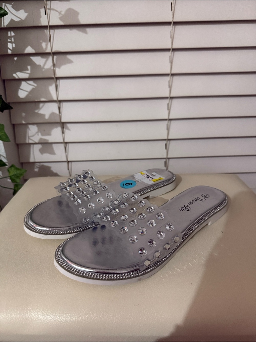 Silver metallic Studded Slide Sandals for Women - Picture 1 of 4